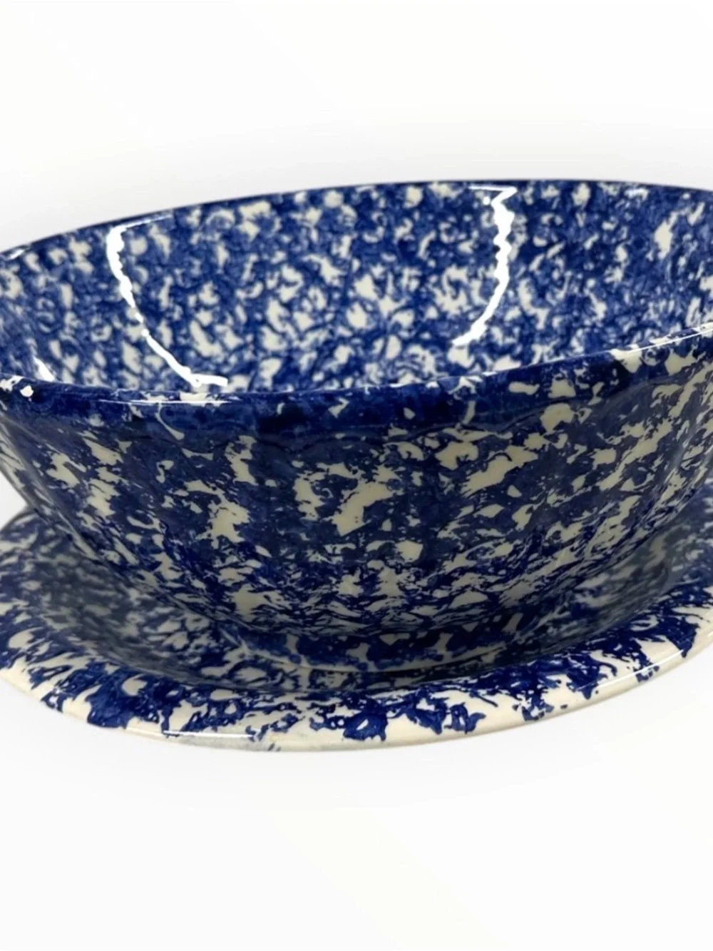 Vintage ISG Italy Blue Spongeware Pasta Bowl & Dinner Plate Set 10.5” Stoneware
